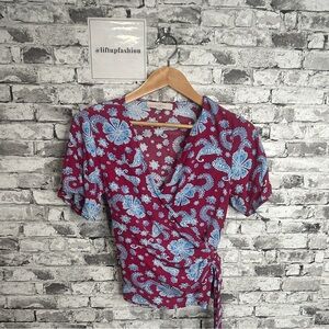 EUC LOFT Burgundy and Blue Floral Wrap Blouse Size Small